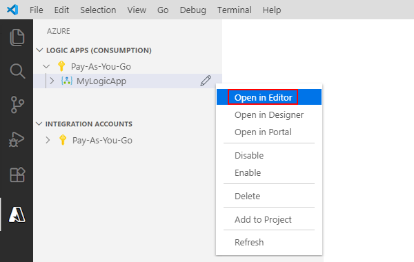 Schermopname die het Azure-venster toont, het snelmenu van Logic App en de optie 'Open in Editor' geselecteerd.
