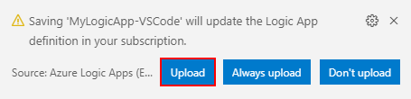 Schermopname van een dialoogvenster met de knop Uploaden gemarkeerd voor het uploaden van een logische app naar Azure Portal.