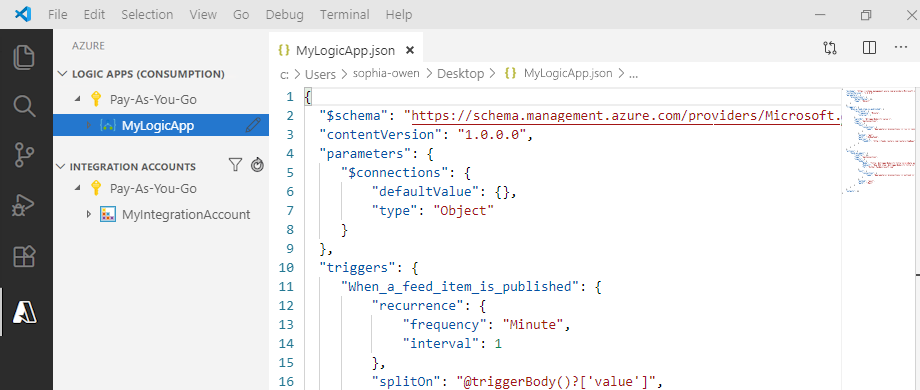 Schermopname die een voorbeeld toont van een werkstroomdefinitie van een Consumption-logische app in Visual Studio Code.