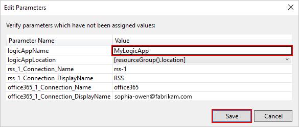 Schermopname toont het vak Bewerk Parameters met de resourcenaam voor Logic App.