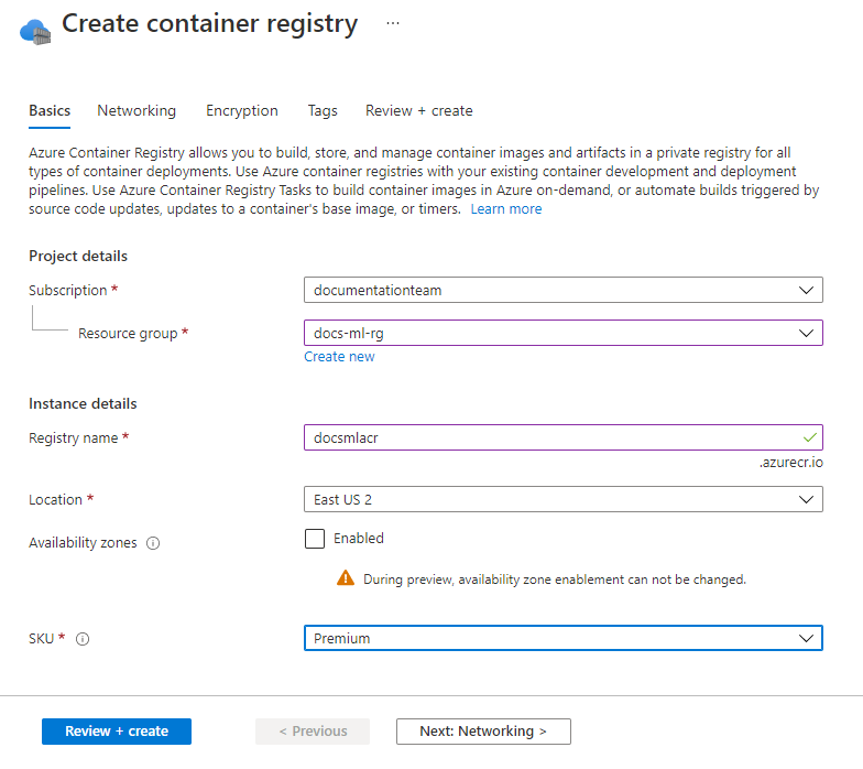 Schermopname van het basisformulier bij het maken van een containerregister.