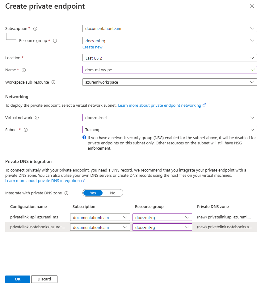 Schermopname van het configuratieformulier voor het privénetwerk van de werkruimte.