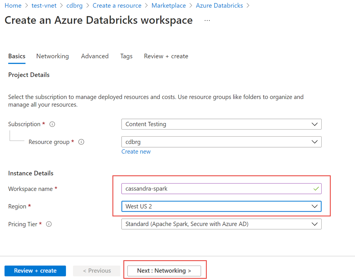 Schermopname van een dialoogvenster waarin u de naam, regio en prijscategorie van de werkruimte voor het Azure Databricks-account kunt invoeren.