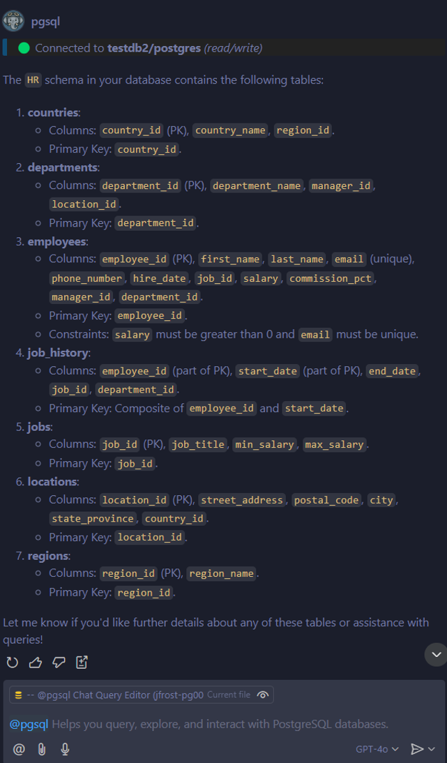 Schermopname van Copilot Chat-antwoord met een gedetailleerde uitsplitsing van tabellen en kolommen in het HR-schema van een PostgreSQL-database.