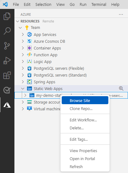 Schermopname van Visual Studio Code waarbij de Verkenner van Azure Static Web Apps de optie **Site bekijken** toont.