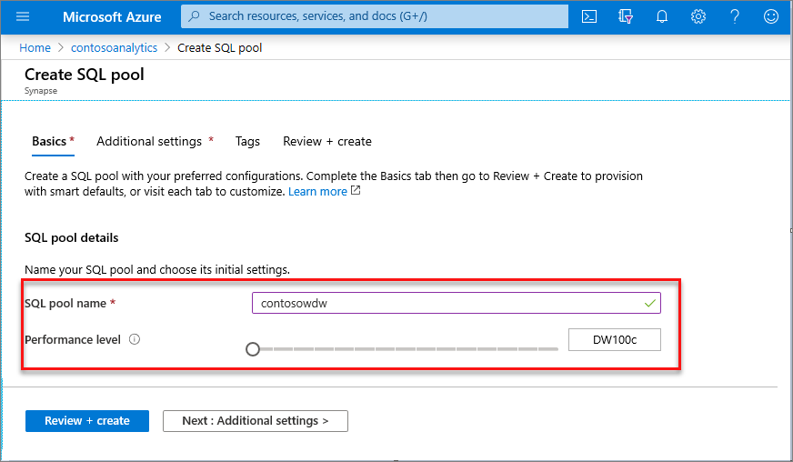 Creatieproces voor toegewezen SQL-pool - tab Basiseigenschappen.