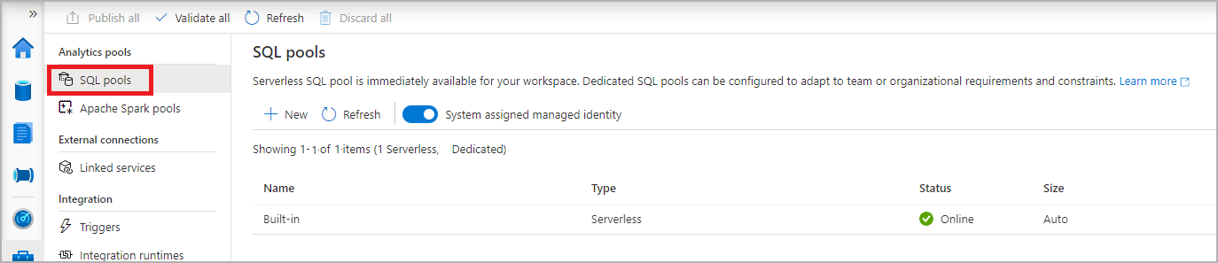 Een schermopname van de Synapse Studio-beheerhub met navigatie in SQL-pools geselecteerd.
