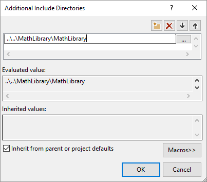 Schermopname van het dialoogvenster Extra Include-mappen dat het relatieve pad naar de MathLibrary-map toont.