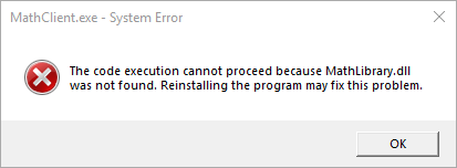Schermopname van het foutdialoogvenster, MathLibrary DLL niet gevonden.