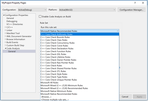 Dropdownmenu voor aanvullende C++ Core Check-regelsets.