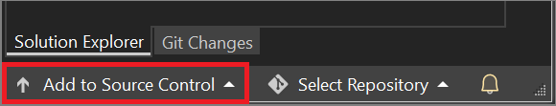 Schermopname van de Knoppen voor Git-broncodebeheer onder het deelvenster Solution Explorer, met de knop Toevoegen aan broncodebeheer gemarkeerd.