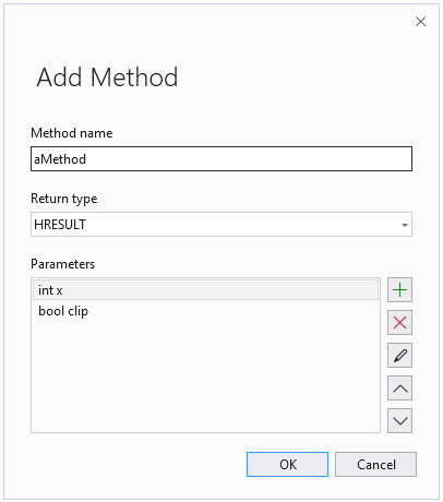 Schermopname van de wizard Methode toevoegen. Methodenaam is aMethod, retourtype is H RESULT. Er zijn twee parameters gedefinieerd: int x, boolclip