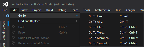 Schermopname van het menu Ga naar met opties zoals Ga naar lijn (Ctrl+ G), Naar bestand gaan (Ctrl + 1, Ctrl + F) en meer.