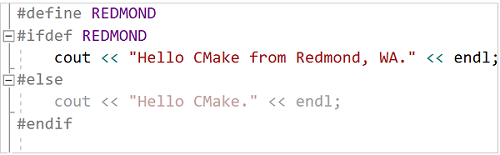 Schermopname van inactieve code in de editor, die vervaagd wordt weergegeven in vergelijking met actieve code.