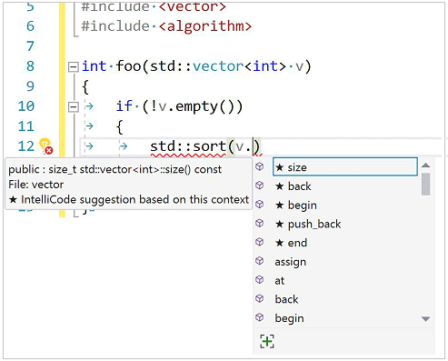 Schermopname van de Vervolgkeuzelijst C plus IntelliCode, waarin de leden van de vectorklasse worden weergegeven die het meest worden gebruikt in uw code.