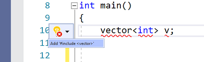 Schermopname van een fout en de voorgestelde snelle oplossing voor # include vector.