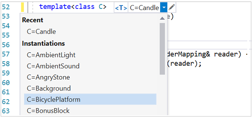 Schermopname van de Sjabloon IntelliSense-resultaten met de verschillende typen die worden gebruikt om sjabloonparameter C te instantiëren, zoals C = AmbientLight, C = Kaars en andere.