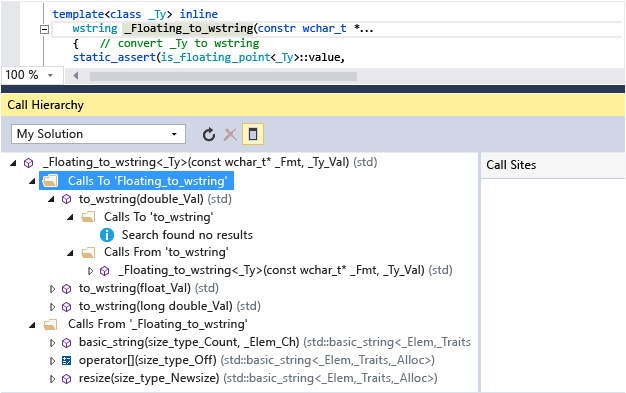 Schermopname van het venster Oproephiërarchie waarin aanroepen van en naar Floating_to_wstring() worden weergegeven. To_wstring() roept bijvoorbeeld Floating_to_wstring() aan.