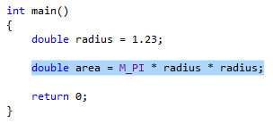 Schermopname van de volgende code die is gemarkeerd voor uitgepakt: dubbel gebied = M_PI * leeszaam * radious;.