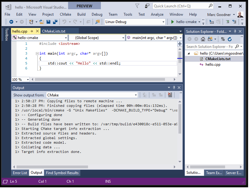 Schermopname van Visual Studio met de uitvoer van de Generate CMake-cache in Linux.
