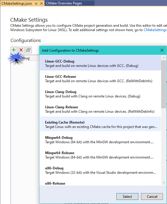Dialoogvenster CMake-instellingen met de plusknop gemarkeerd waarmee de geselecteerde configuratie wordt toegevoegd, wat Linux-GCC-debug is.