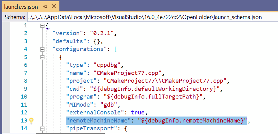 De externe foutopsporingsmachine van CMake die is opgegeven in het launch_schema.json-bestand. De naam van de externe machine is ${debugInfo . remoteMachineName}