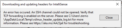 schermopname van een Visual Studio-foutbericht dat het SSH-kanaal niet kan worden geopend. Het pad naar een logboekbestand wordt opgegeven.