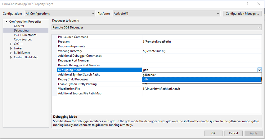 Schermopname van het dialoogvenster Eigenschappenpagina's van de Linux-console-app van Visual Studio 2017 met Configuratie-eigenschappen > Foutopsporing geselecteerd en Foutopsporingsmodus gemarkeerd met G D B geselecteerd en gemarkeerd in de vervolgkeuzelijst.