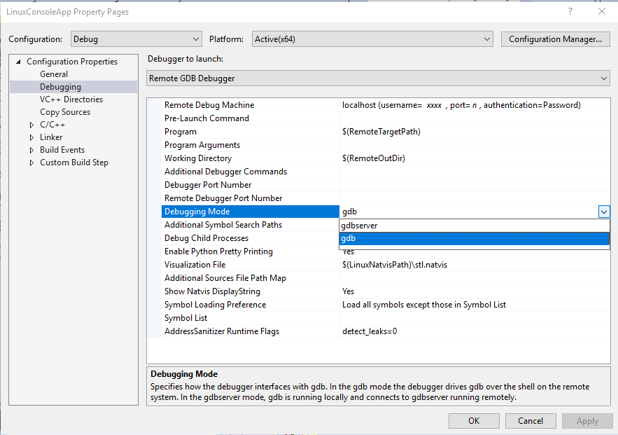 Schermafbeelding van het Eigenschappenpagina-dialoogvenster van de Linux-console-app van Visual Studio met Configuratie-eigenschappen > Foutopsporing geselecteerd en foutopsporingsmodus gemarkeerd met G D B uit de vervolgkeuzelijst geselecteerd en gemarkeerd.