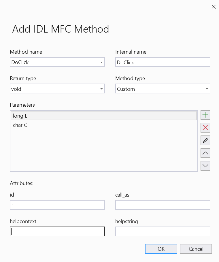 Gebruikersinterface van de wizard. Methodenaam:DoClick, Interne naam:DoClick, Retourtype:void, Methodetype:custom, Parameters:long l, char C, Attributes id:1.