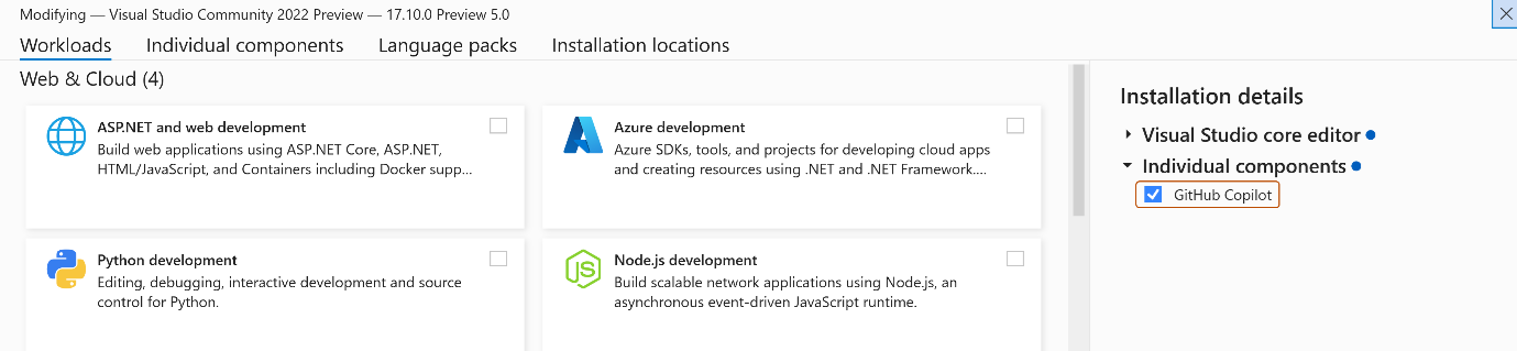 schermopname van de installatieoptie GitHub Copilot van Visual Studio Installer.