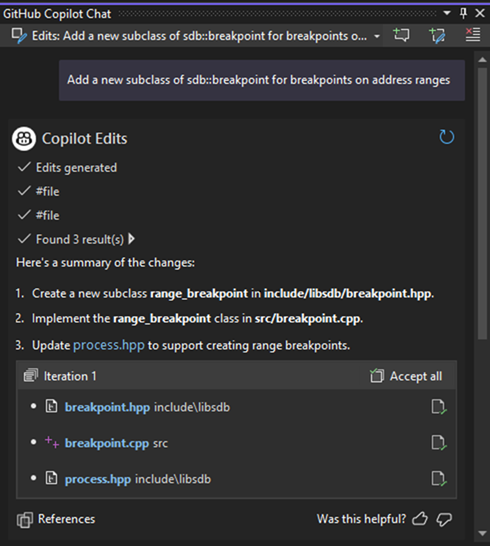 Een schermopname van het GitHub Copilot Chat-venster met de bestanden die zijn bewerkt.