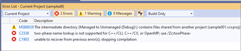 Schermopname van compiler- en MSBuild-fouten in foutenlijst.