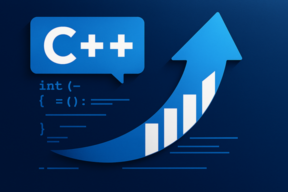 C++ logo met een pijl omhoog en abstracte code op een blauwe achtergrond die verbeteringen voorstelt voor het upgraden.