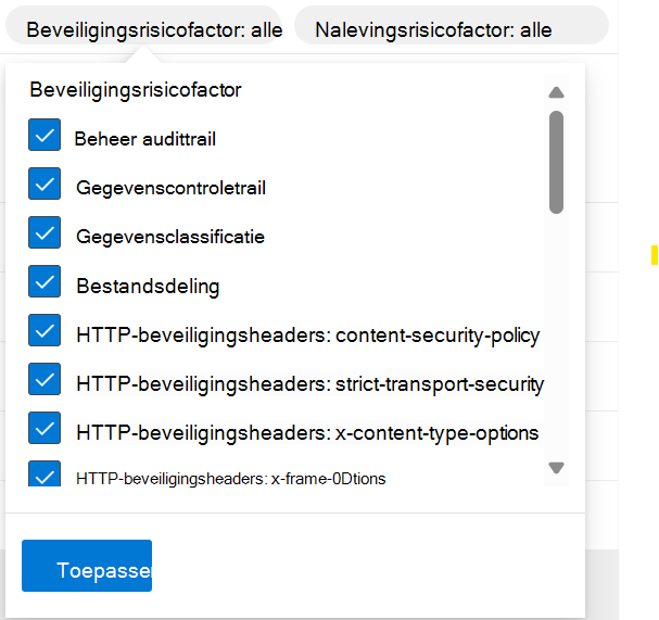 Schermopname van de filters voor de beveiligingsrisicofactor