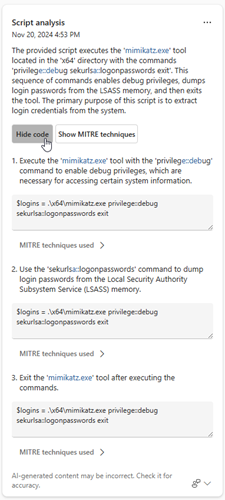 Schermopname van de optie code weergeven of verbergen in de resultaten van de scriptanalyse.