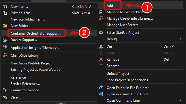 Schermopname van de optie Ondersteuning voor Container Orchestrator in het contextmenu van het project.