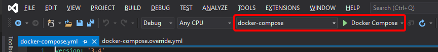 Schermopname van de werkbalk voor foutopsporing met een docker-compose-project.