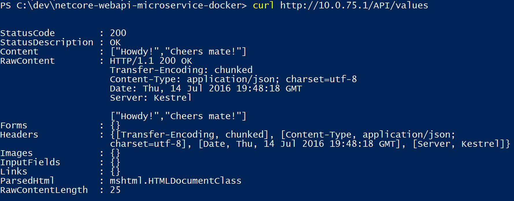 Console-uitvoer van het ophalen van de http://10.0.75.1/API/values met curl.