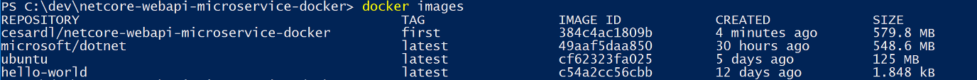 Console-uitvoer van opdracht docker-installatiekopieën, met bestaande installatiekopieën.