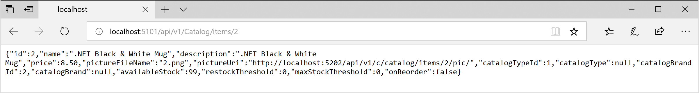 Schermopname van een browser met een directe reactie op de Catalog.api.