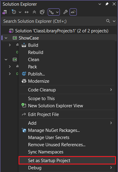 Visual Studio projectcontextmenu om opstartproject in te stellen