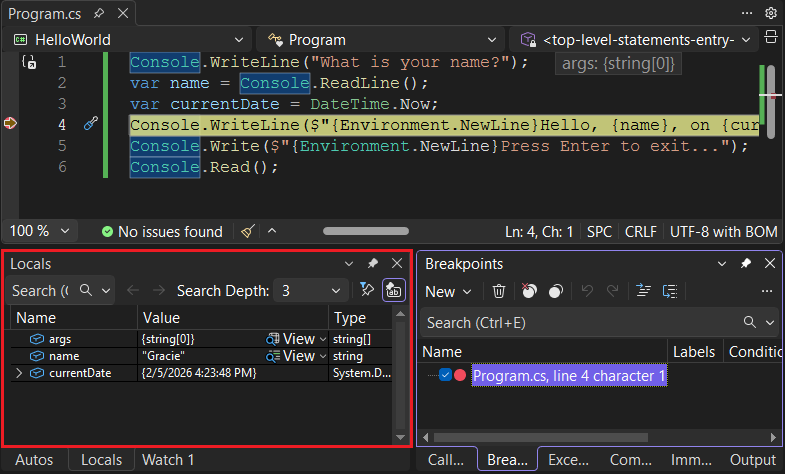Scherm van een onderbrekingspunt in Visual Studio