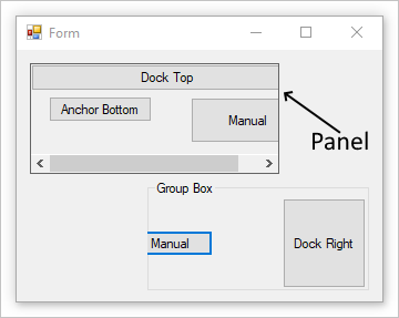Een Windows-formulier met een paneel en groepsvak.
