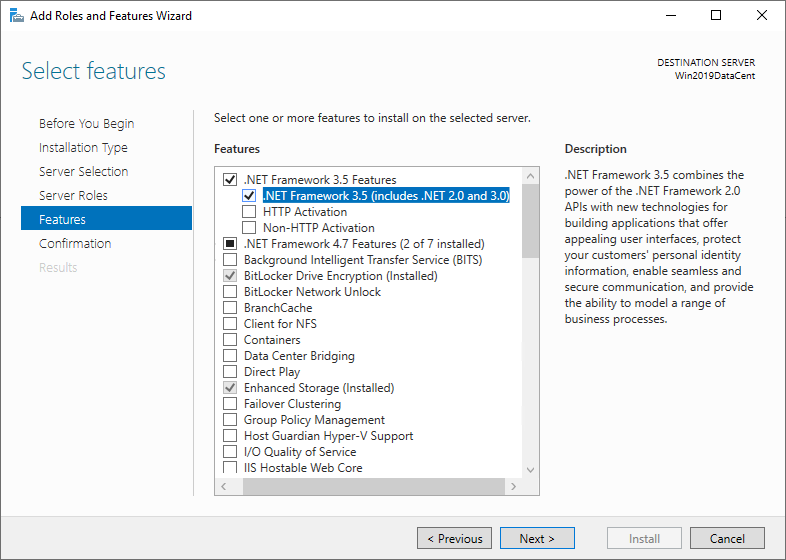 Het dialoogvenster Wizard Functies en onderdelen toevoegen vanuit Windows Server. .NET Framework 3.5 is geselecteerd.