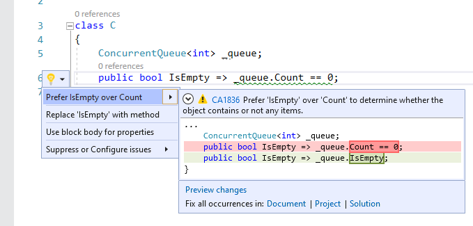 Codefix voor CA1836 - Geef de voorkeur aan 'IsEmpty' boven 'Aantal' om te bepalen of het object items bevat of niet