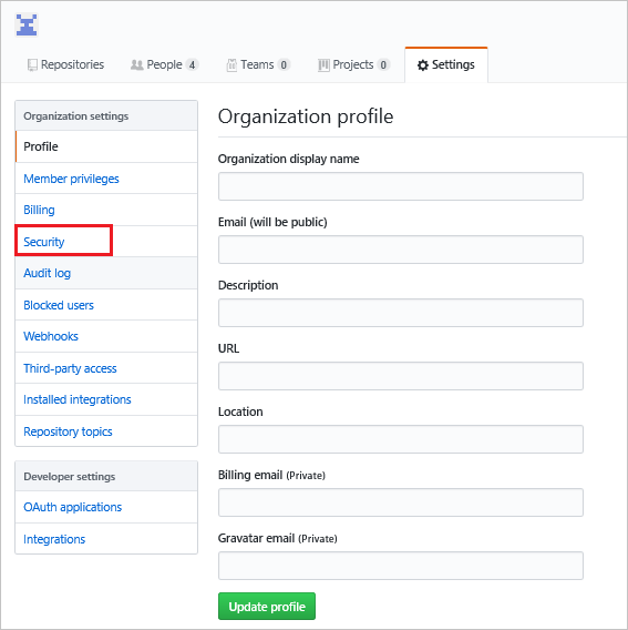 Schermopname van het gitHub-menu 'Organisatie-instellingen' met 'Beveiliging' geselecteerd.