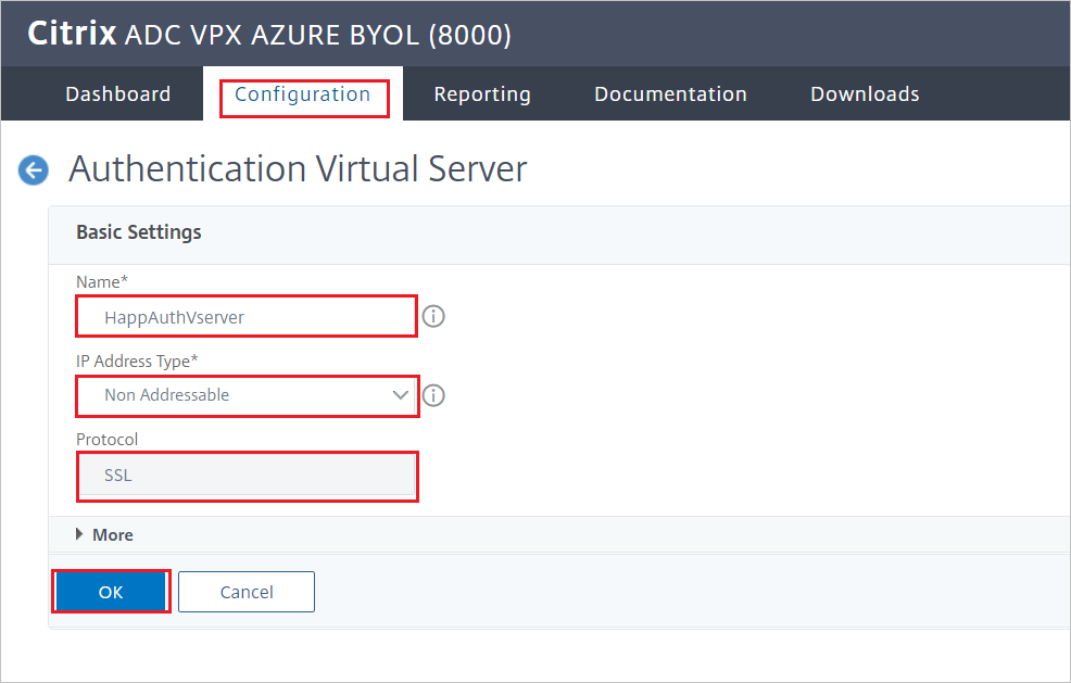 Citrix ADC-configuratie - Deelvenster Authenticatie van Virtuele Server