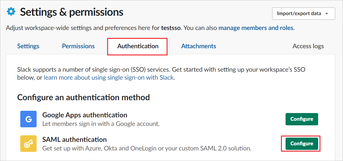 Schermopname van Configureer Single Sign-On in Teaminstellingen.