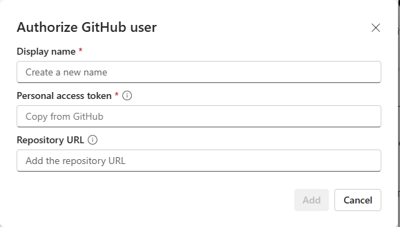 Schermopname van de GitHub-integratie-gebruikersinterface om een account toe te voegen.
